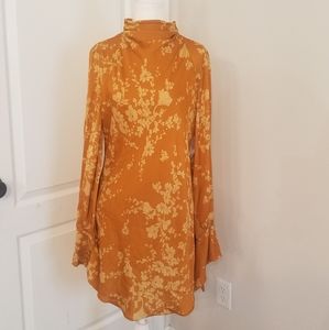 NWT! Free People Boho long bell sleeve open back mock neck silky minidress